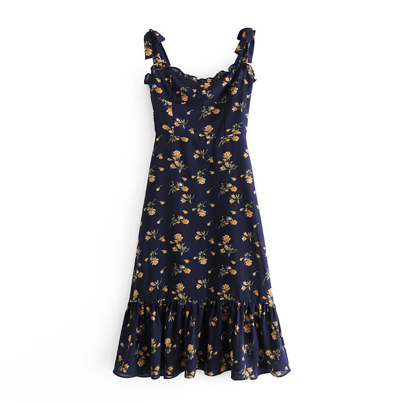 NEW SPRING PRETTY DARK BLUE Floral PRINT SHOULDER STRAP Slim Dress FOR WOMEN