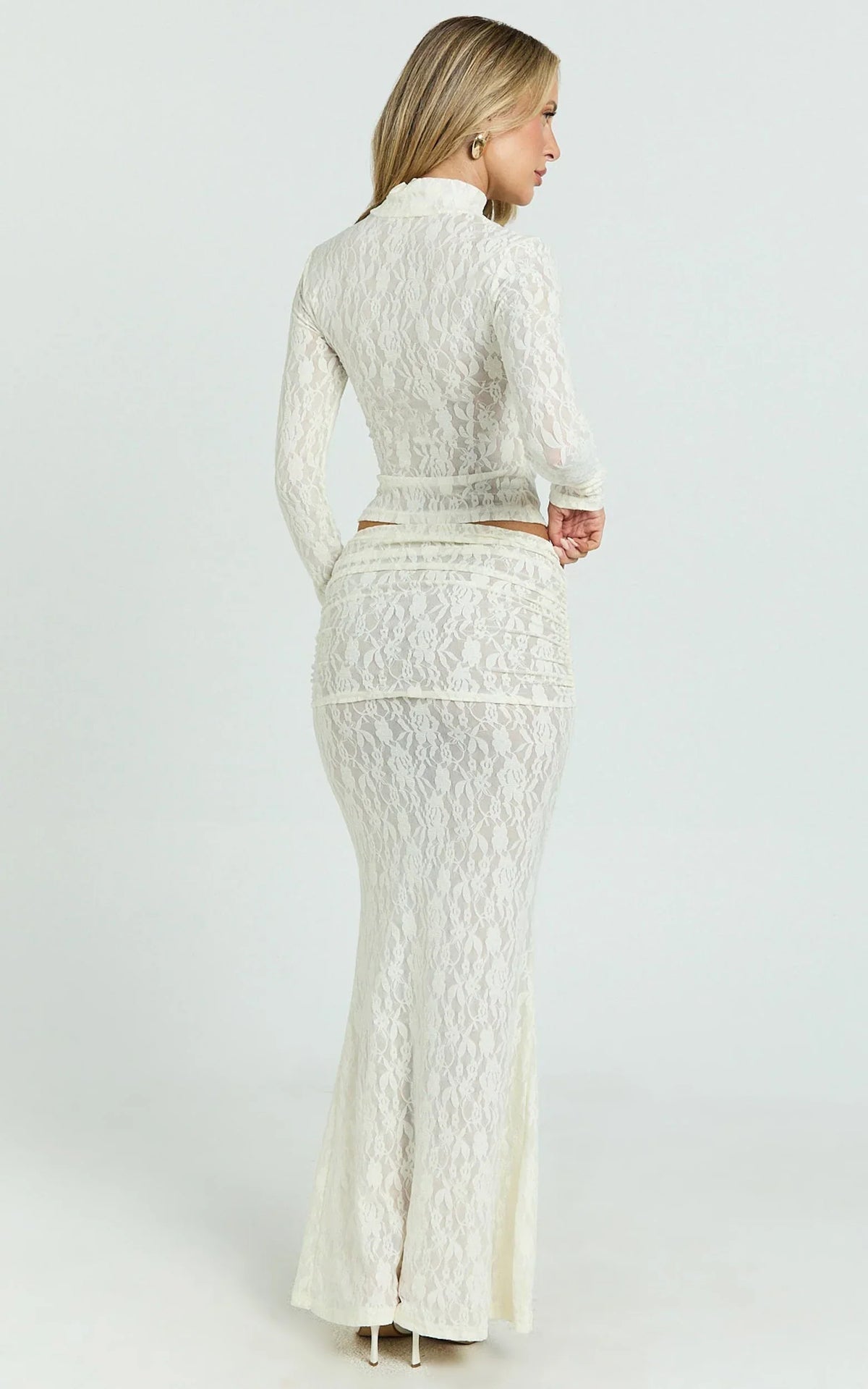 Kathleen Maxi Skirt - Mid Rise Ruched Wide Band Fishtail Jersey Skirt in Cream