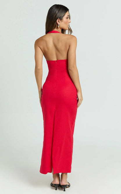 Arlette Midi Dress - Strappy V Neck Under Bust Gathered Tie Front Bias Slip Skirt Dress in Red