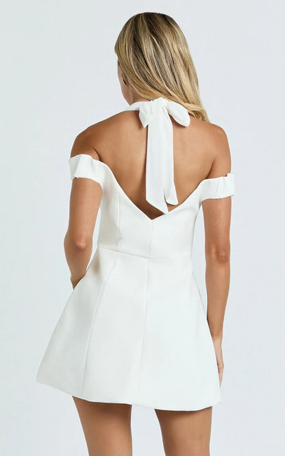 Baylee Mini Dress - Off Shoulder Button Front Tulip Skirt Dress in White