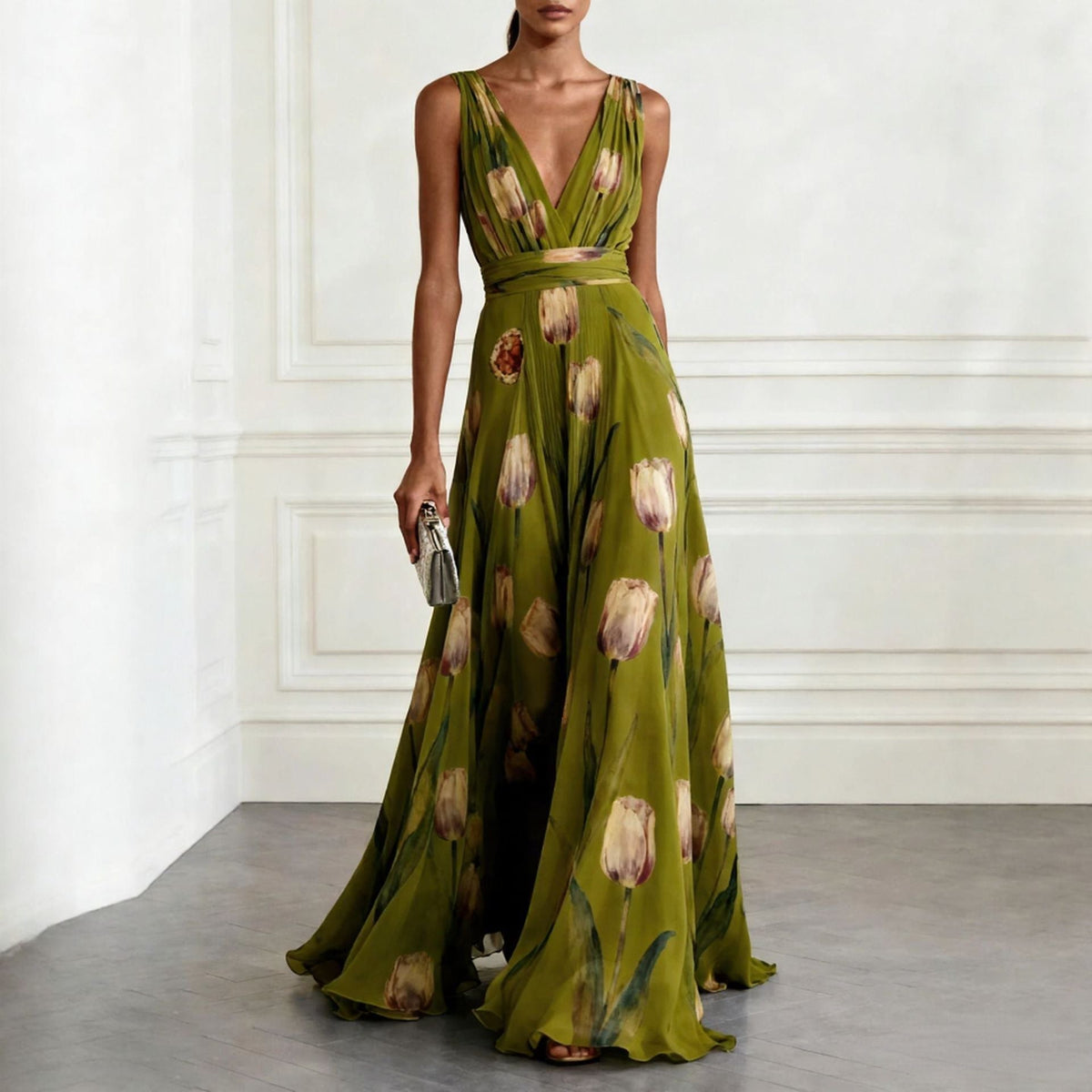 Women's Tulip Print Sleeveless Deep V-Neck A-Line Maxi Dress – 7 Colors
