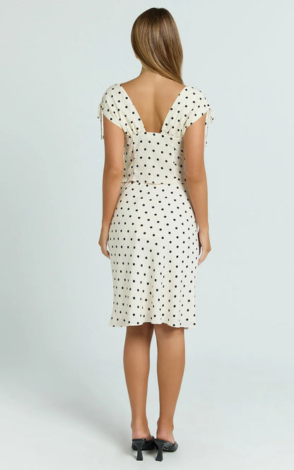 Elise Midi Skirt - High Waist Skirt in White Polka Dot