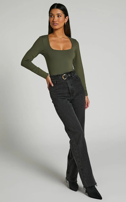 Elia Bodysuit - Square Neck Long Sleeve Bodysuit in Olive