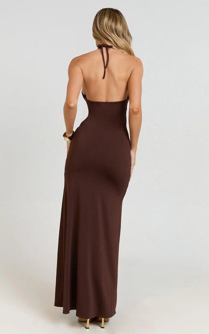 Izira Maxi Dress - Jersey Plunge Keyhole Bodycon Dress in Chocolate