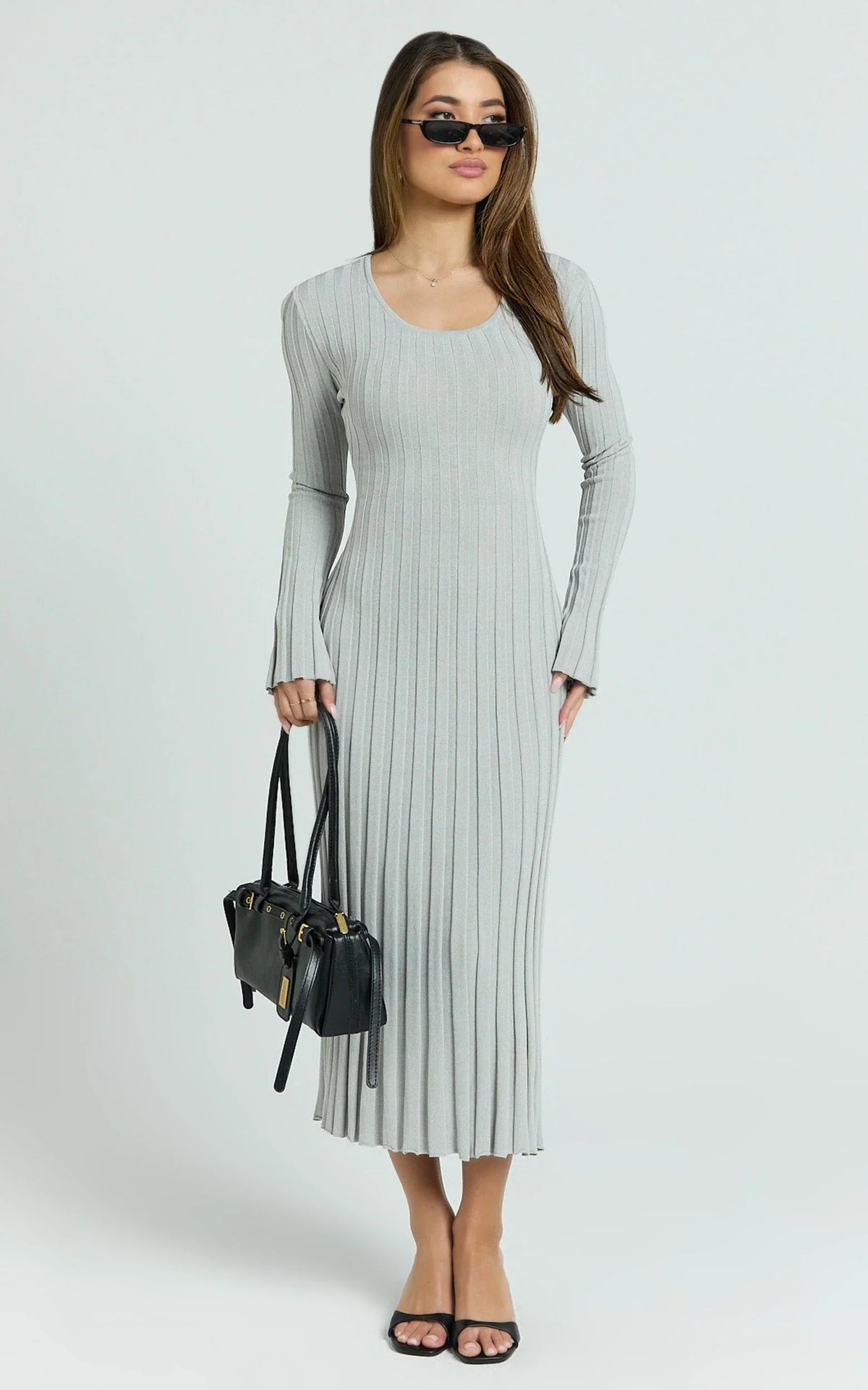Blaire Midi Dress - Long Sleeve Tie Back Flare Dress in Grey Marle