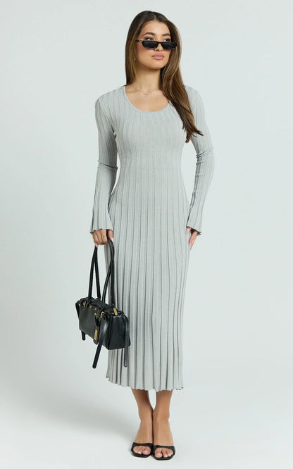 Blaire Midi Dress - Long Sleeve Tie Back Flare Dress in Grey Marle