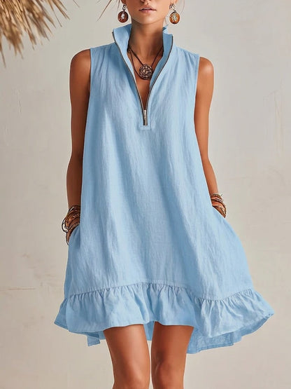 Women's Casual Loose Half-Zip Sleeveless Dress with Ruffle Hem