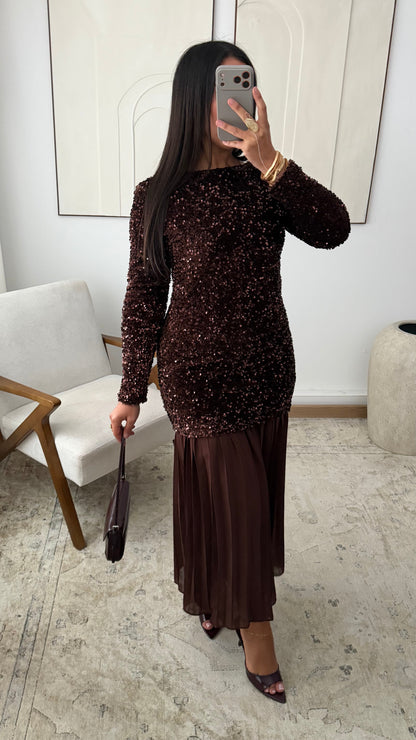 Robe A Sequins Plissee I Chocolat