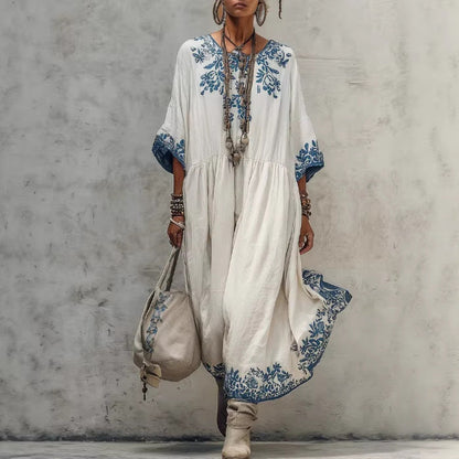 Women's Printed Batwing Sleeve Midi Dress – Loose Fit Linen Blend