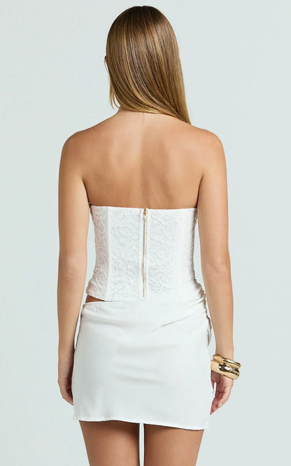 Adina Mini Dress - Strapless Corset Draped Waist Dress in White
