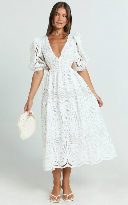 Anieshaya Midi Dress - V Neck Cut Out Lace Dress in White