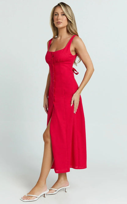 Cameron Midi Dress - Button Front Tie Back Dress in Red