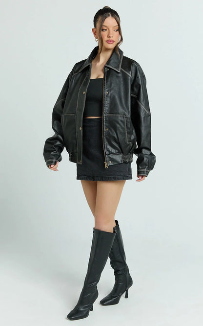 Gail Jacket - Faux Leather Bomber Jacket in Black