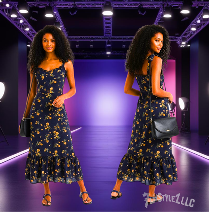NEW  SPRING PRETTY DARK BLUE Floral PRINT SHOULDER STRAP Slim Dress FOR WOMEN