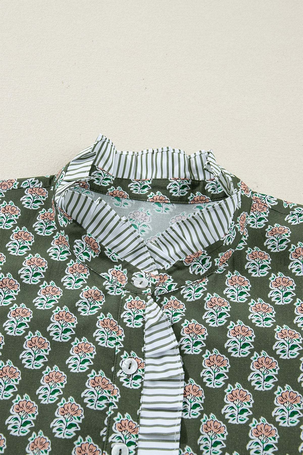 Green Contrast Striped Frilled Collar 3/4 Sleeve Plus Size Floral Dress