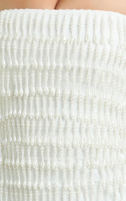Aria Mini Dress - Beaded Pearl Fringe A Line Dress in Ivory