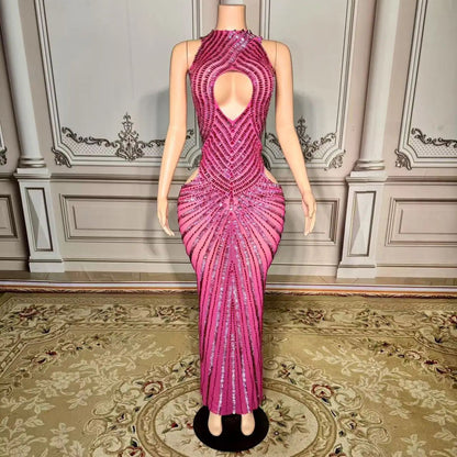 Womens Sexy Mesh Hollow-Out Nightclub Stage Dress Performance Outfit Evening Gown