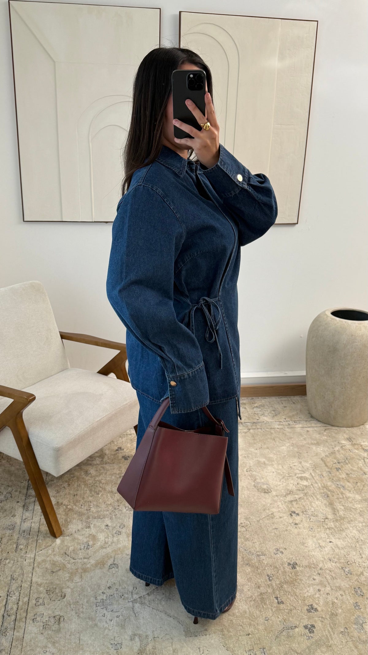 Ensemble en jean pantalon et haut asymétrique | Bleu médium