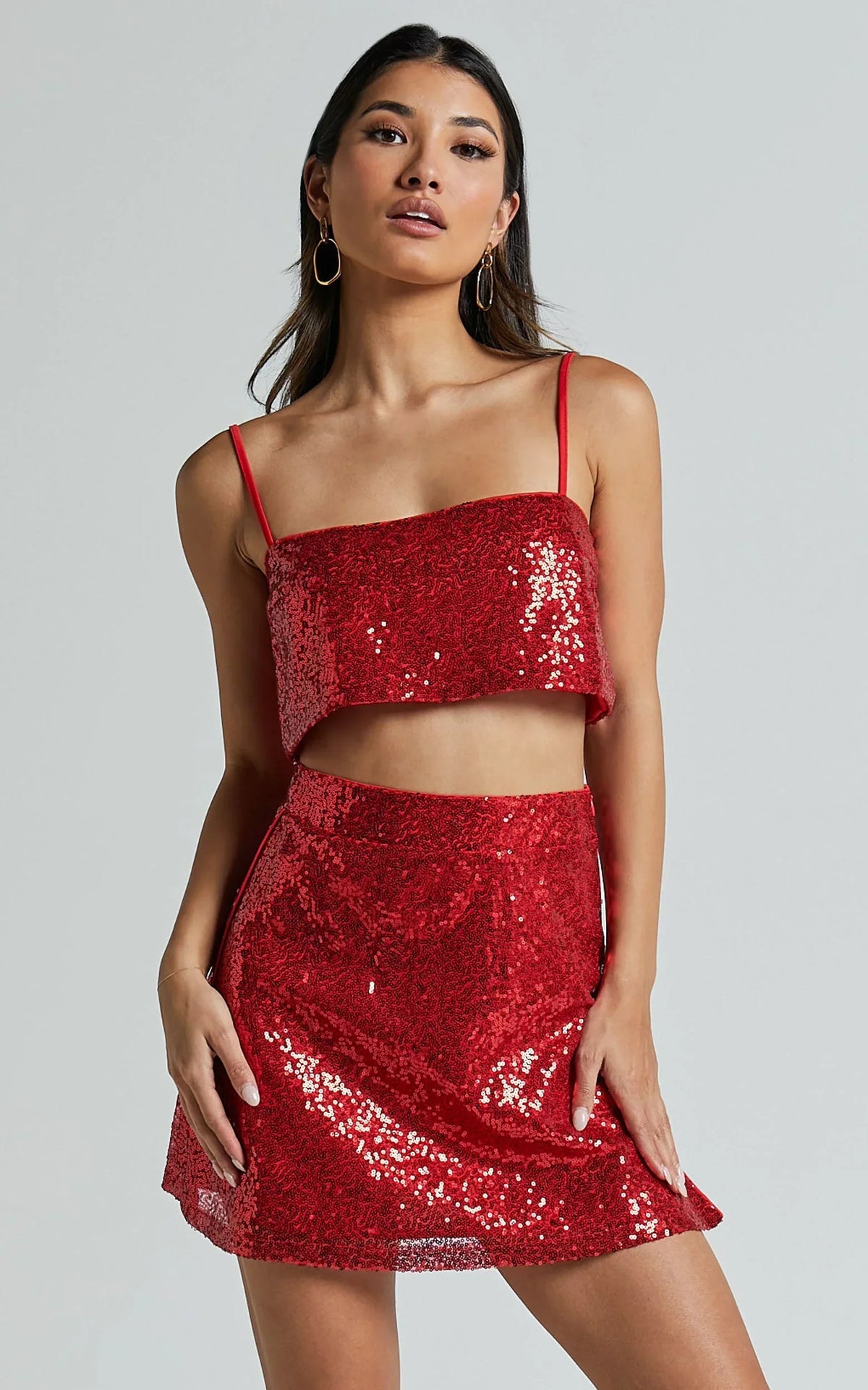 Elswyth Mini Skirt - Side Split Sequin Skirt in Red
