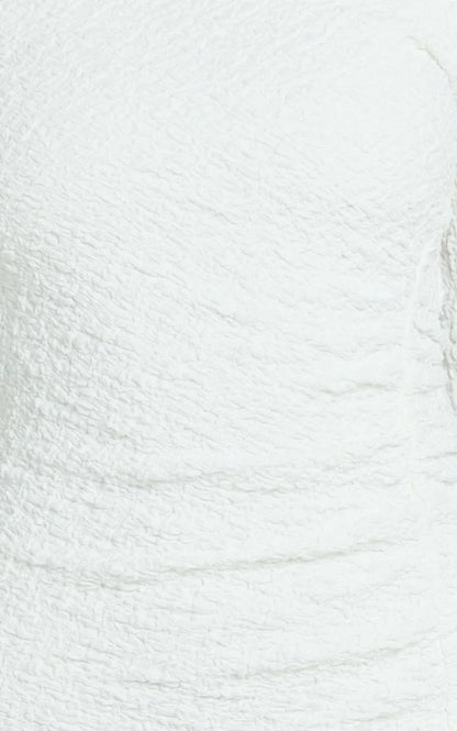 Abbie Mini Dress - Textured Jersey Tip Shoulder Ruched Bodycon Dress in White