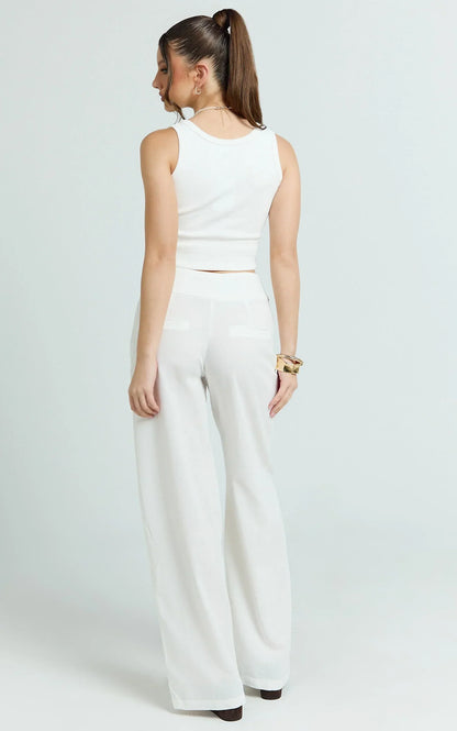 Alva Pants - High Waisted Front Tie Wide Leg Pants in White
