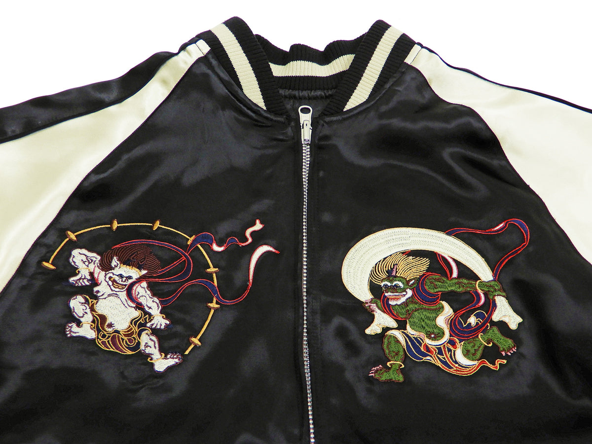 Japanesque Men's Japanese Souvenir Jacket Japan Art Fujin and Raijin Embroidered Sukajan 3RSJ-003 Black/Off