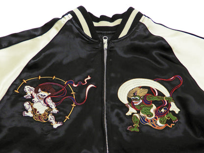 Japanesque Men's Japanese Souvenir Jacket Japan Art Fujin and Raijin Embroidered Sukajan 3RSJ-003 Black/Off