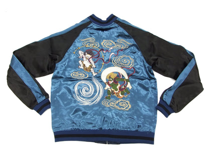 Japanesque Japanese Souvenir Jacket 3RSJ-003 Fujin Raijin Men's Sukajan Blue/Black