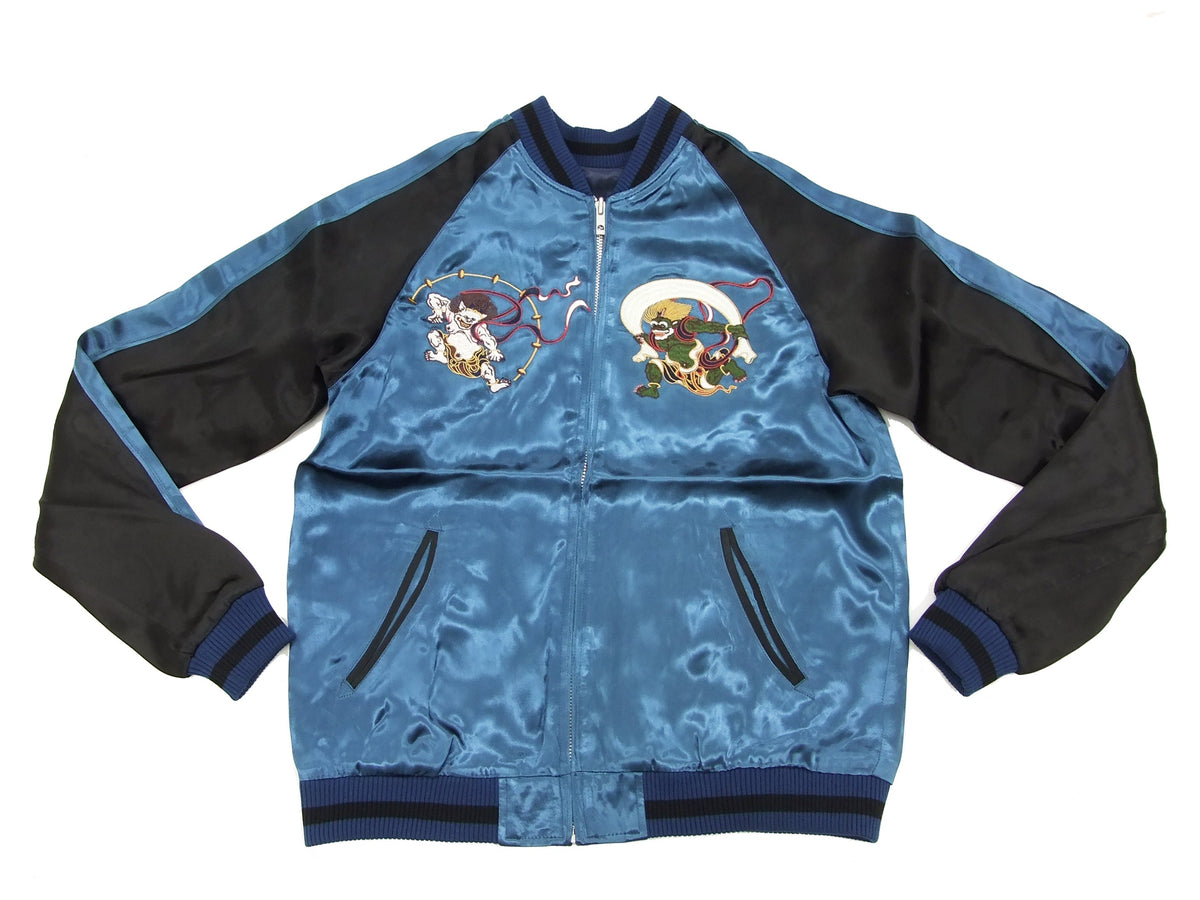 Japanesque Japanese Souvenir Jacket 3RSJ-003 Fujin Raijin Men's Sukajan Blue/Black