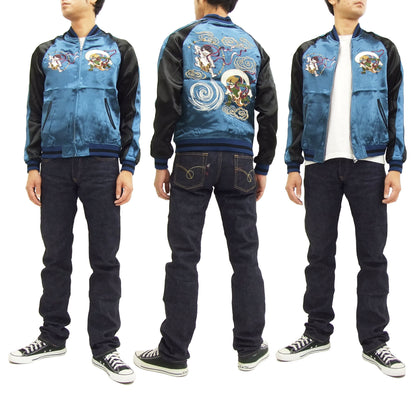 Japanesque Japanese Souvenir Jacket 3RSJ-003 Fujin Raijin Men's Sukajan Blue/Black