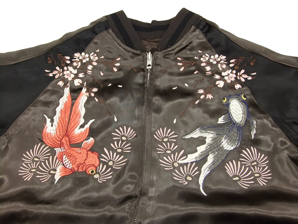 Japanesque Japanese Souvenir Jacket 3RSJ-015 goldfish Men's Sukajan Charcoal-Gray/Black