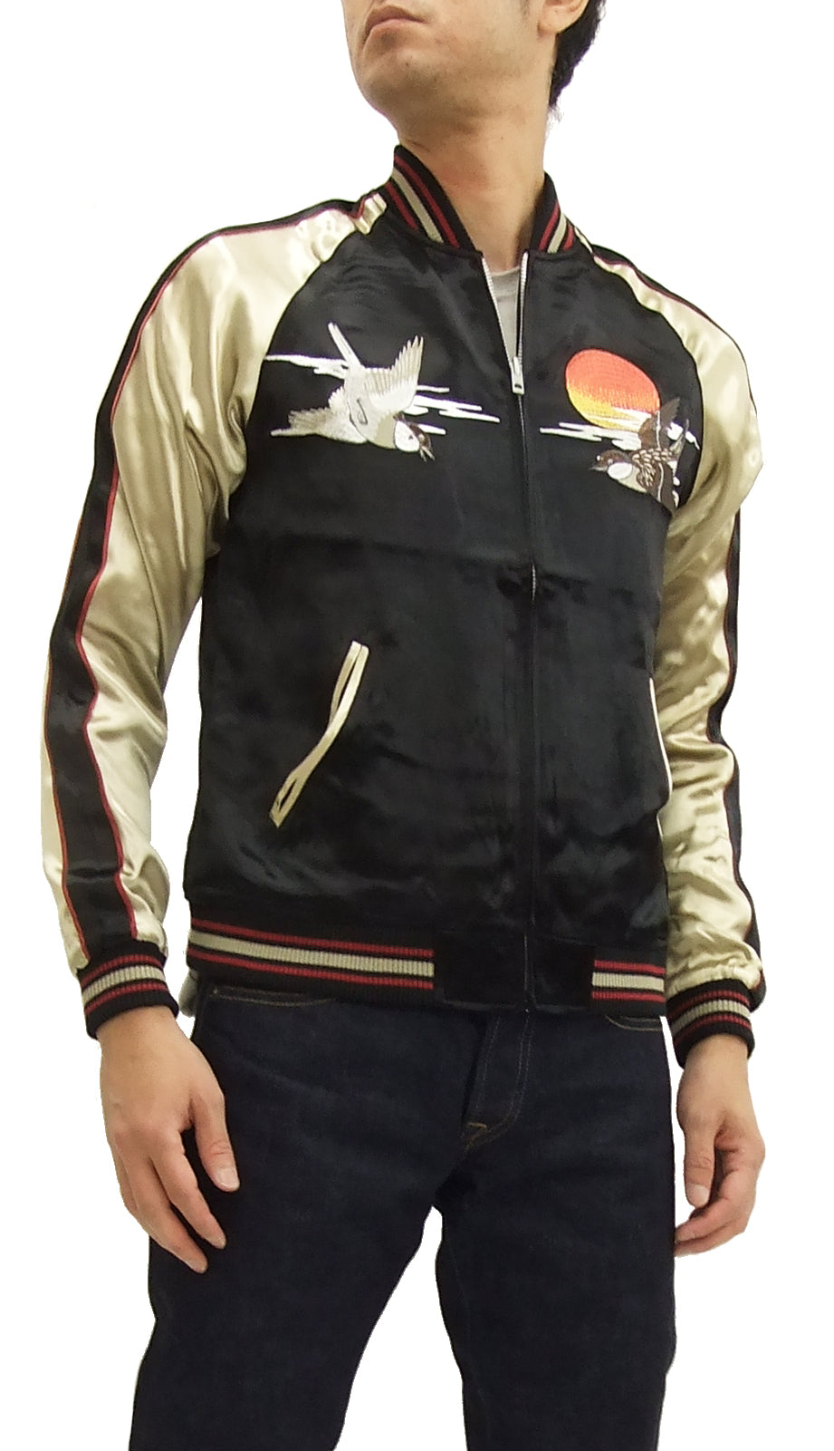Japanesque Script Japanese Souvenir Jacket 3RSJ-034 Sparrows Men's Sukajan Black/Gold