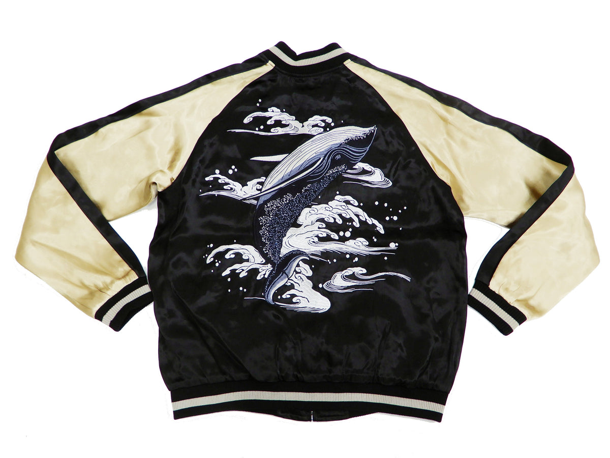 Japanesque Men's Japanese Souvenir Jacket Whale Breach Sukajan 3RSJ-041 Black/Beige