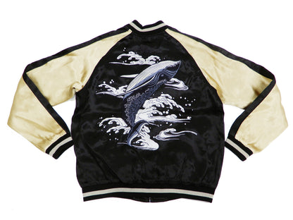Japanesque Men's Japanese Souvenir Jacket Whale Breach Sukajan 3RSJ-041 Black/Beige