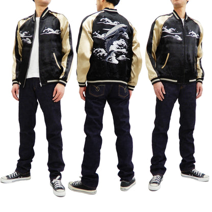 Japanesque Men's Japanese Souvenir Jacket Whale Breach Sukajan 3RSJ-041 Black/Beige