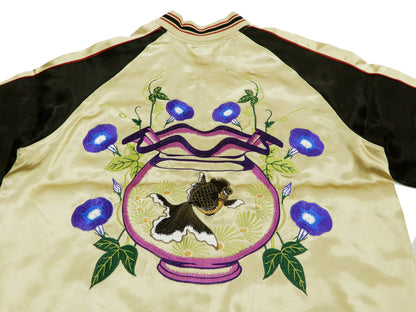 Japanesque Mens Japanese Souvenir Jacket Goldfish Bowl Sukajan 3RSJ-045 Beige/Black