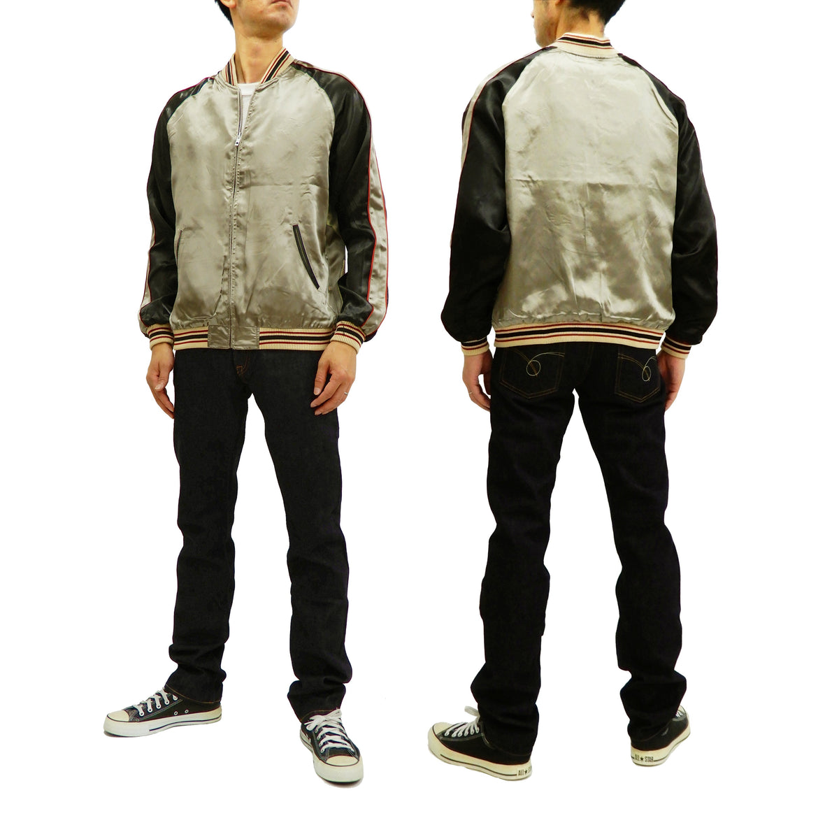 Japanesque Mens Japanese Souvenir Jacket Goldfish Bowl Sukajan 3RSJ-045 Beige/Black