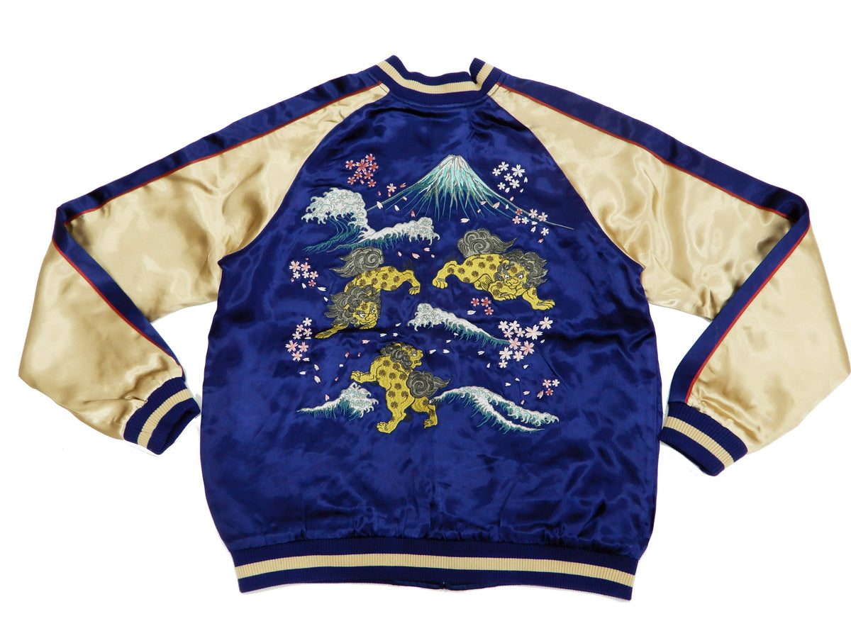 Japanesque Men's Japanese Souvenir Jacket Komainu Embroidered Sukajan 3RSJ-046 Navy-Blue/Beige