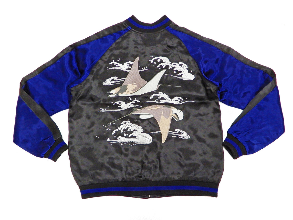 Japanesque Men's Japanese Souvenir Jacket Manta Ray Sukajan 3RSJ-048 BlacK/Navy-Blue
