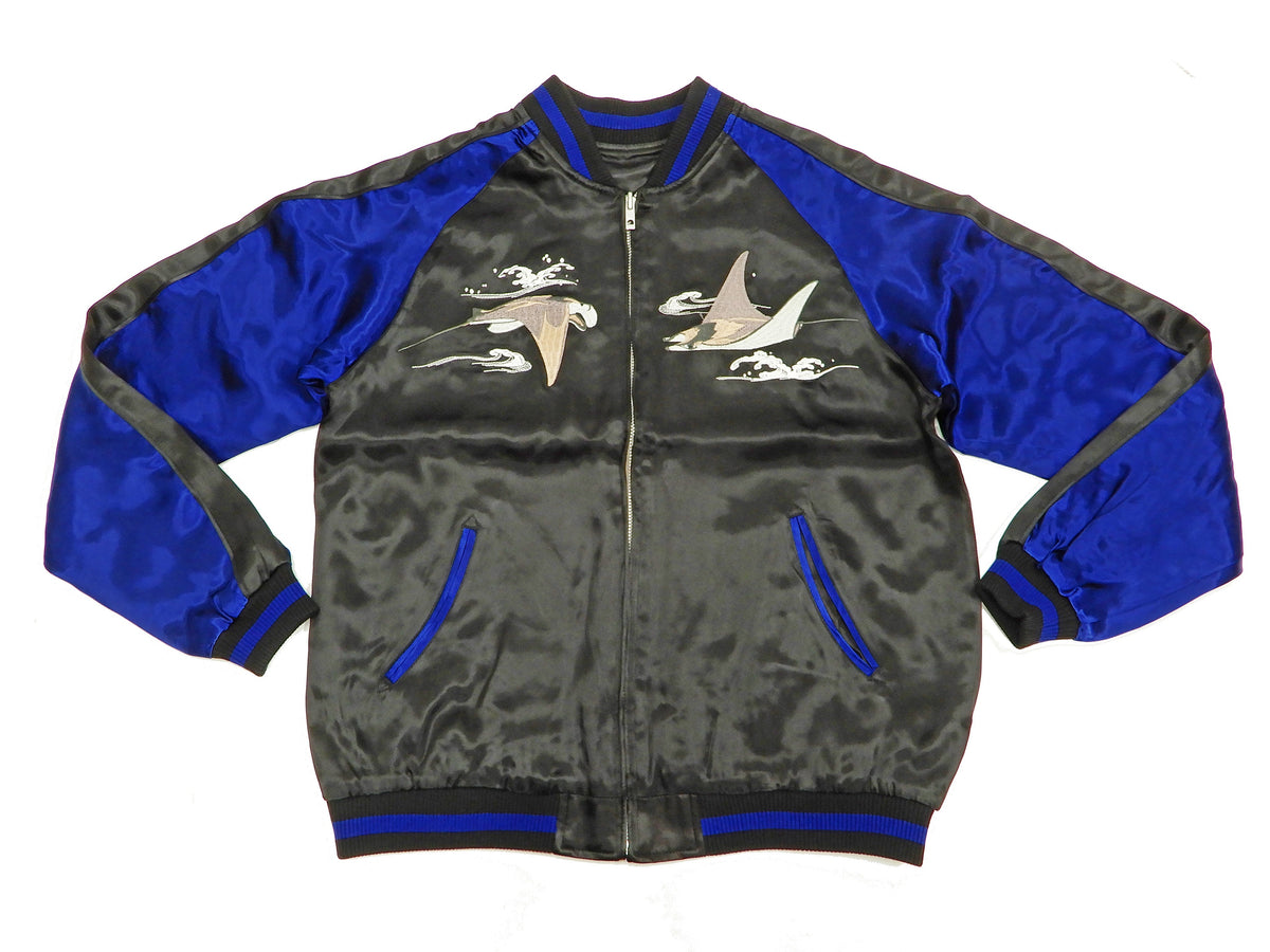 Japanesque Men's Japanese Souvenir Jacket Manta Ray Sukajan 3RSJ-048 BlacK/Navy-Blue