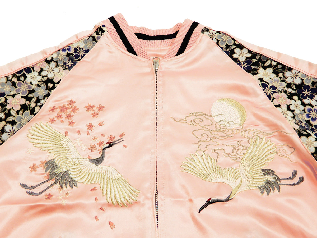Japanesque Sukajan Men's Japanese Souvenir Jacket Crane 3RSJ-302 Pink/Black