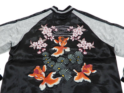 Japanesque Men's Japanese Souvenir Jacket Goldfish Embroidery Sukajan 3RSJ-702 Black/Gray