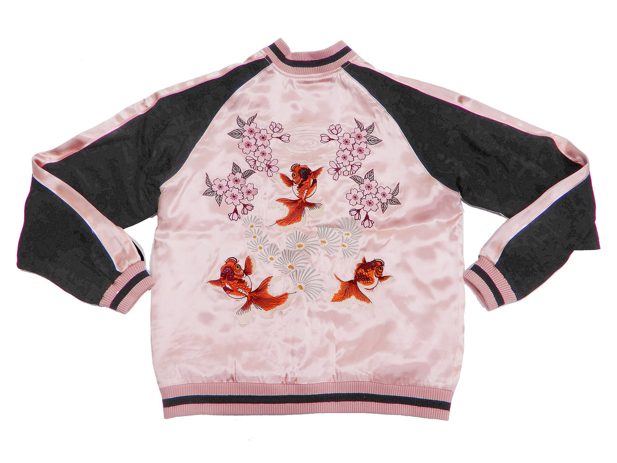 Japanesque Men's Japanese Souvenir Jacket Goldfish Embroidery Sukajan 3RSJ-702 Pink/Black