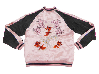 Japanesque Men's Japanese Souvenir Jacket Goldfish Embroidery Sukajan 3RSJ-702 Pink/Black