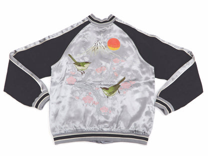 Japanesque Sukajan Men's Japanese Souvenir Jacket Japanese Bush Warbler 3RSJ-751 Gray/Black