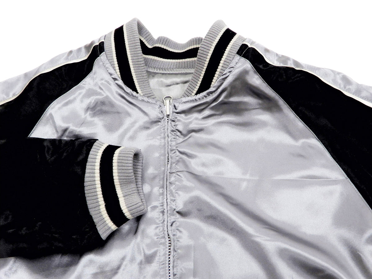 Japanesque Sukajan Men's Japanese Souvenir Jacket Japanese Bush Warbler 3RSJ-751 Gray/Black