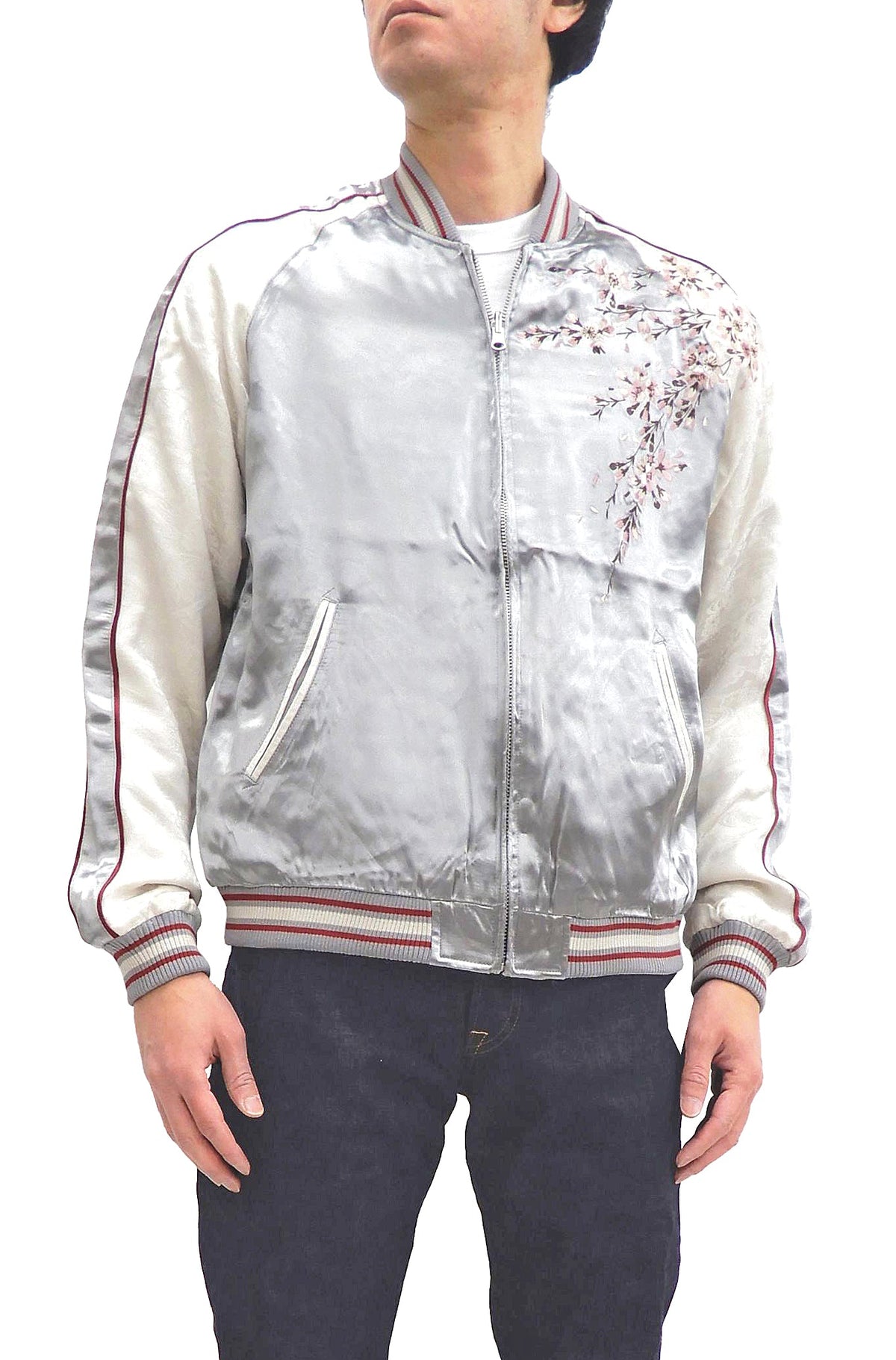 Japanesque Sukajan Jacket Men's Japanese Souvenir Jacket Weeping Cherry 3RSJ-753 Gray/Off