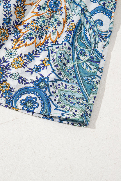Blue Bohemian Paisley Floral V Neck Short Sleeve Mini Dress