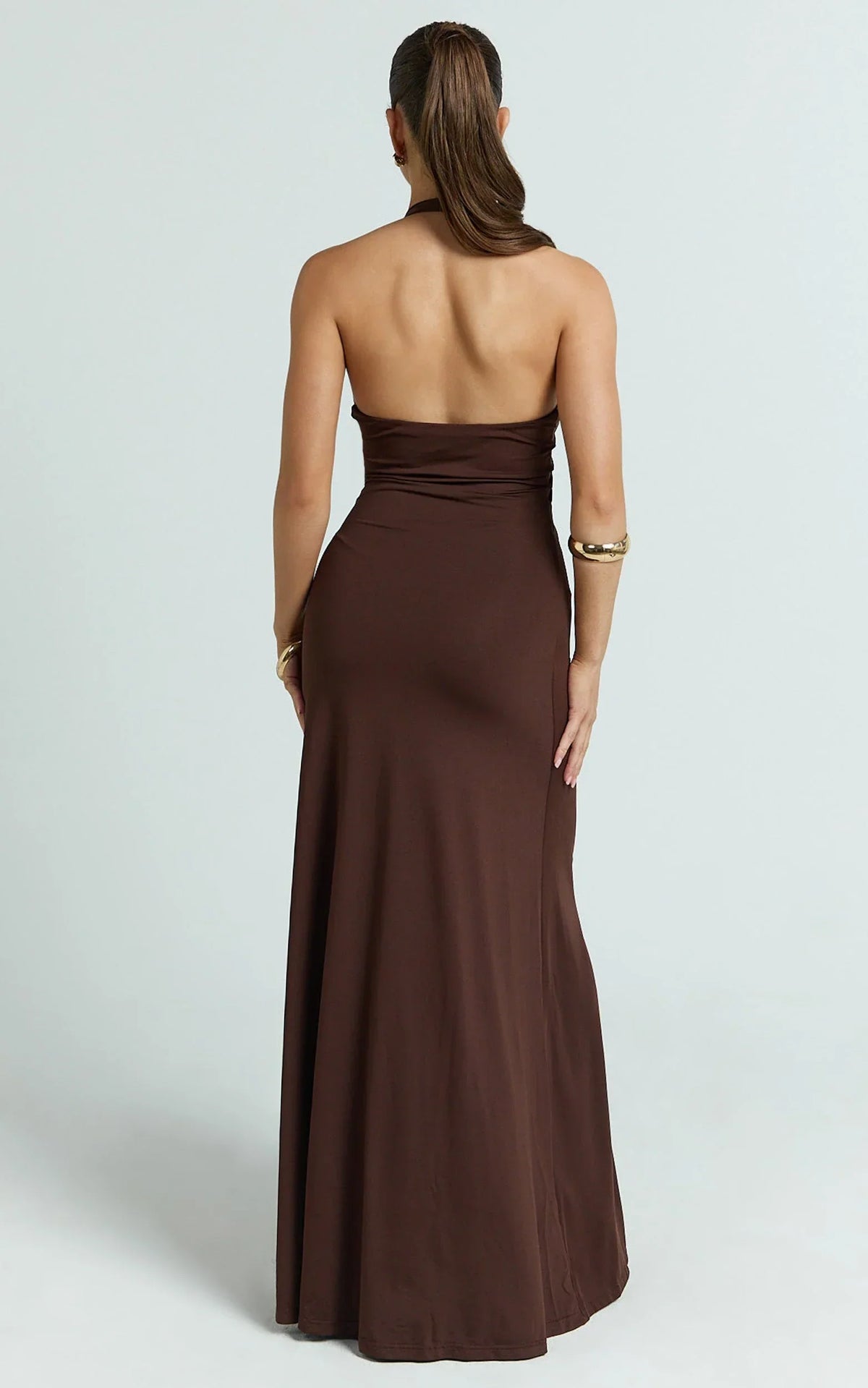 Denise Maxi Dress - Halter U Ruched Neck Cut Out Jersey Dress in Chocolate