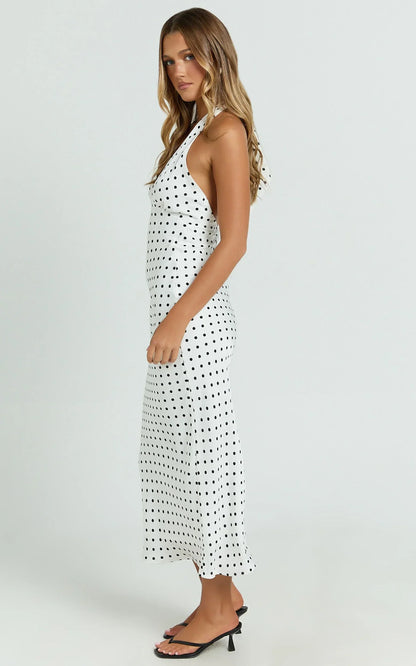 Grayson Midi Dress - Tie Halter Neck Slip Dress in White / Black